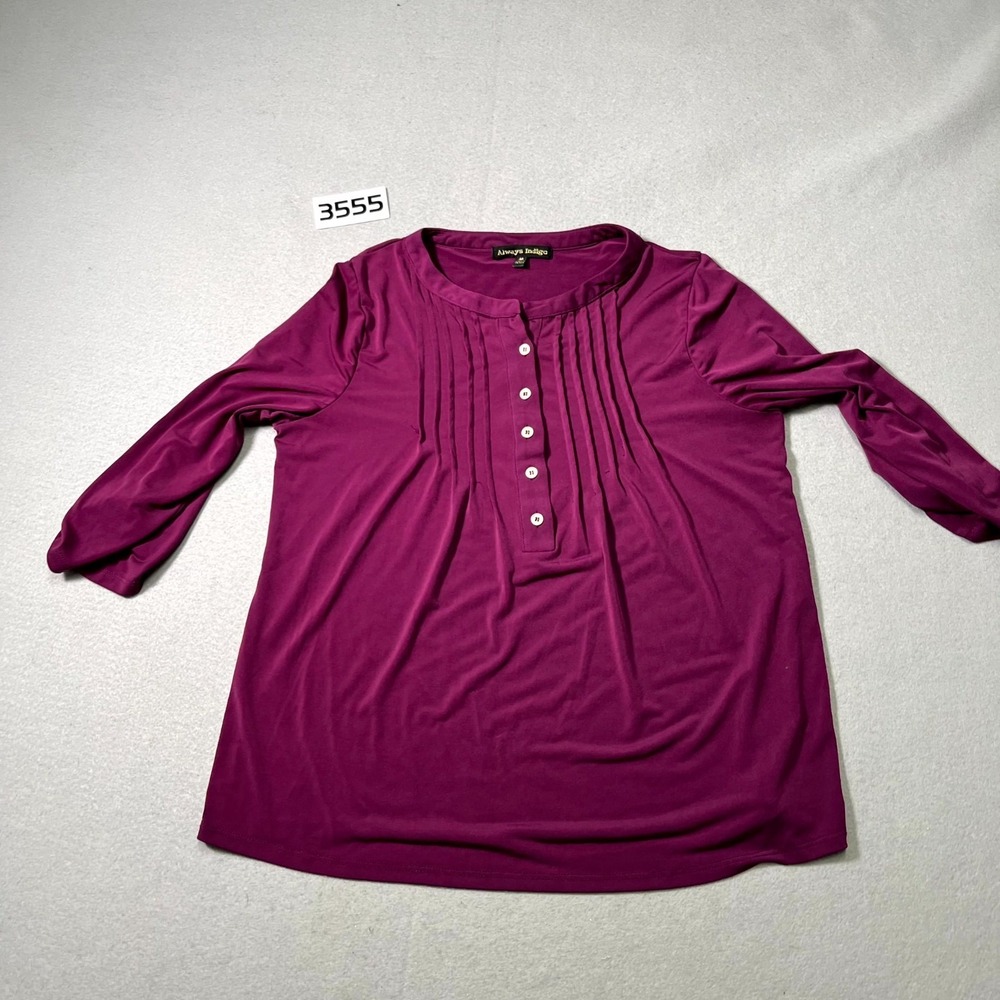 Always Indigo Popover Blouse Top Womens Medium Purple Stretch Pleated Casual